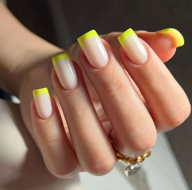 13. Milky Nude Square Nails with Neon Yellow French Tips - minimalist nail ideas