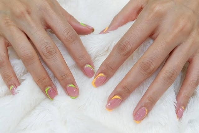 16. Sheer Pink Square Nails with Neon Green and Orange Abstract French Tips - minimalist nail ideas