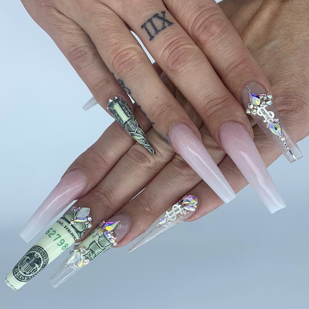 1. Long Coffin Nude Acrylic Money Bill Nails with Crystal Charms - money nail ideas