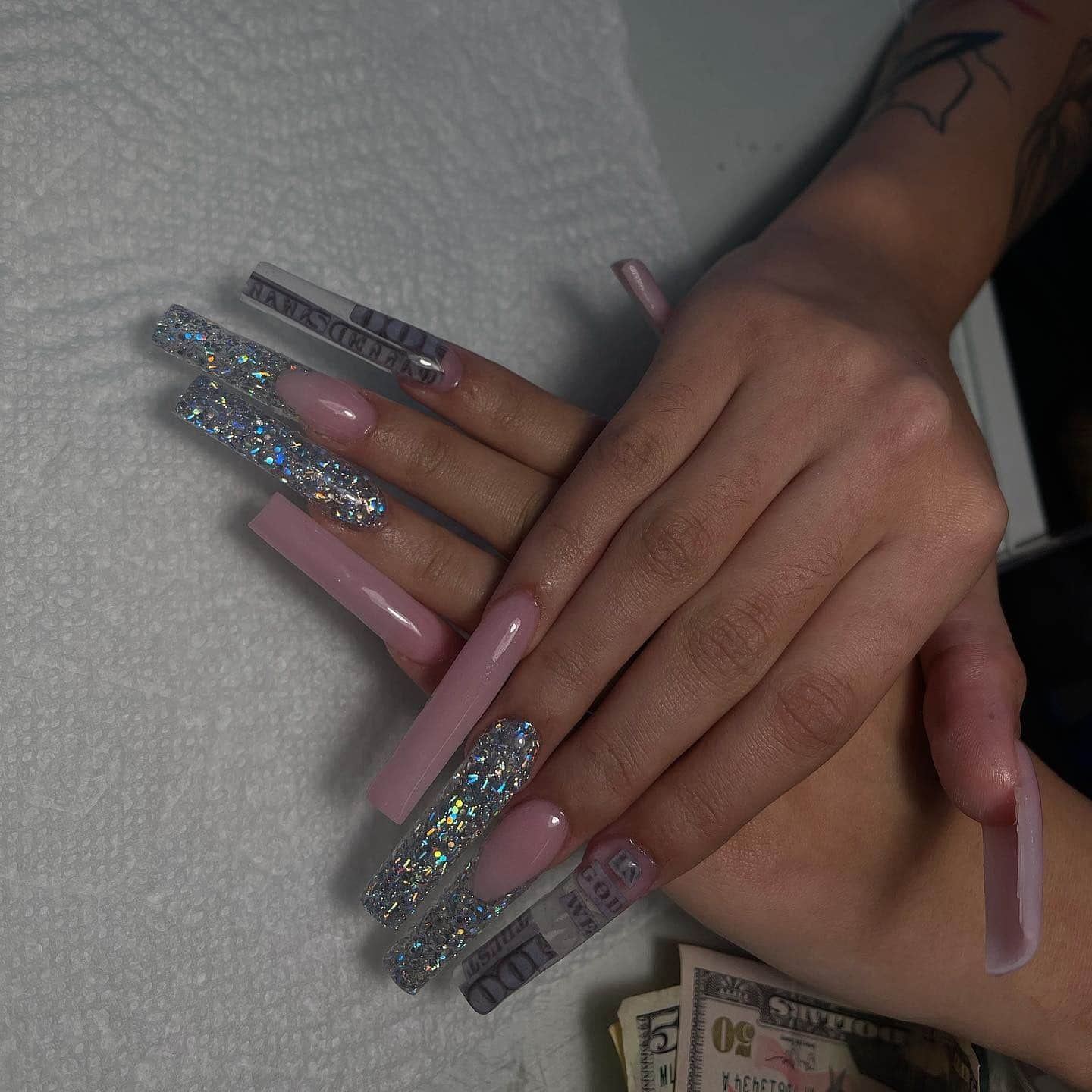 2. Pink Coffin Money Nails with Glitter Accent and Encapsulated Bills - money nail ideas
