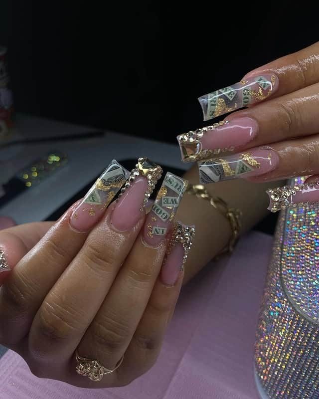 7. Pink Ombre Money Nails with Gold Foil and Rhinestone Borders - money nail ideas