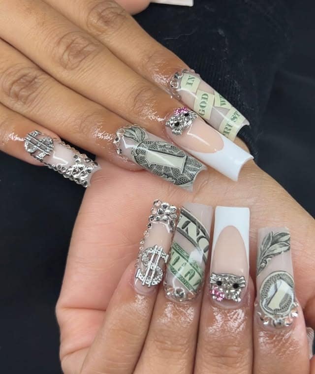 8. Clear Coffin Money Nails with Silver Charms and Dollar Embeds - money nail ideas