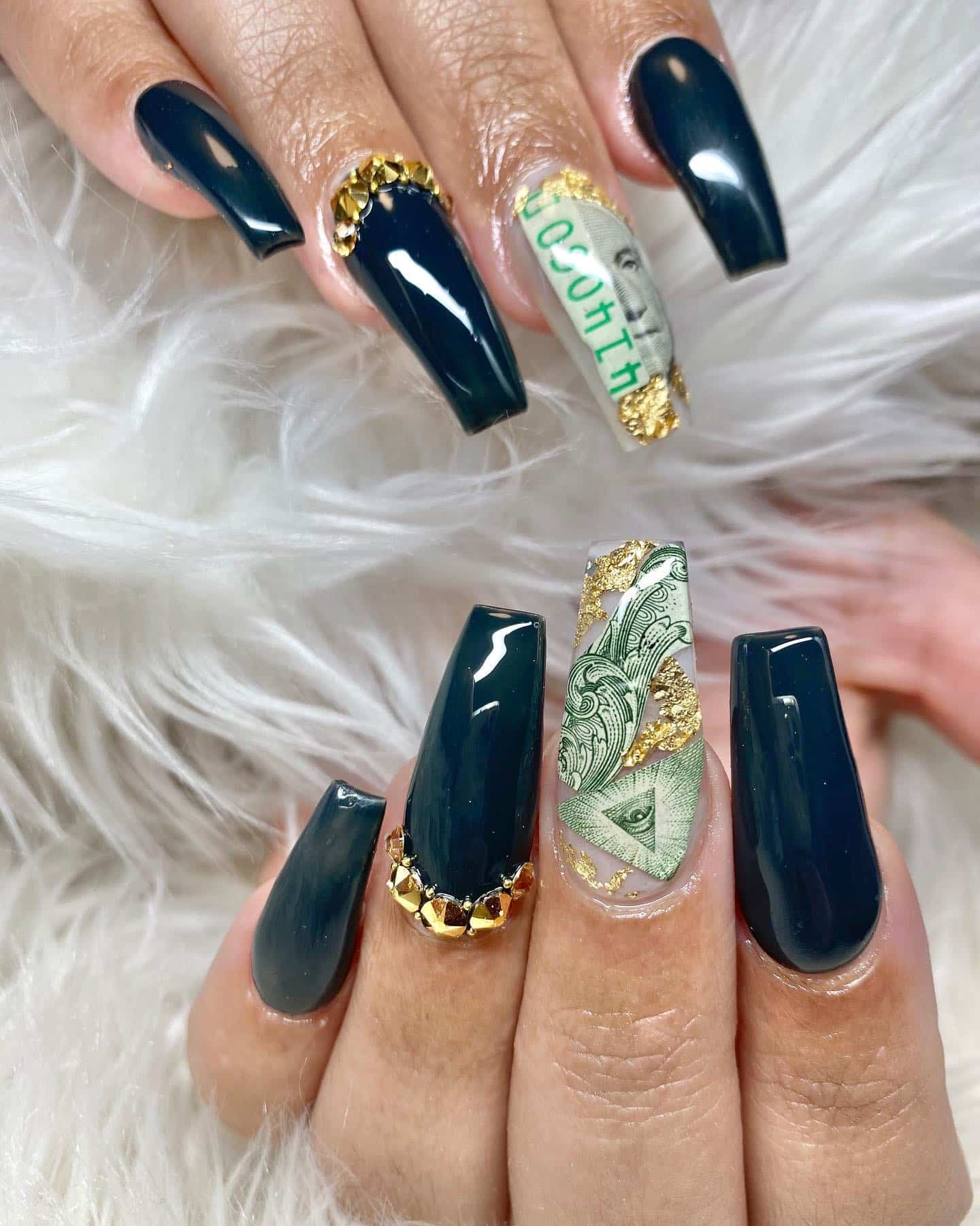 10. Dark Teal Coffin Nails with Dollar Accent and Gold Stud Border - money nail ideas
