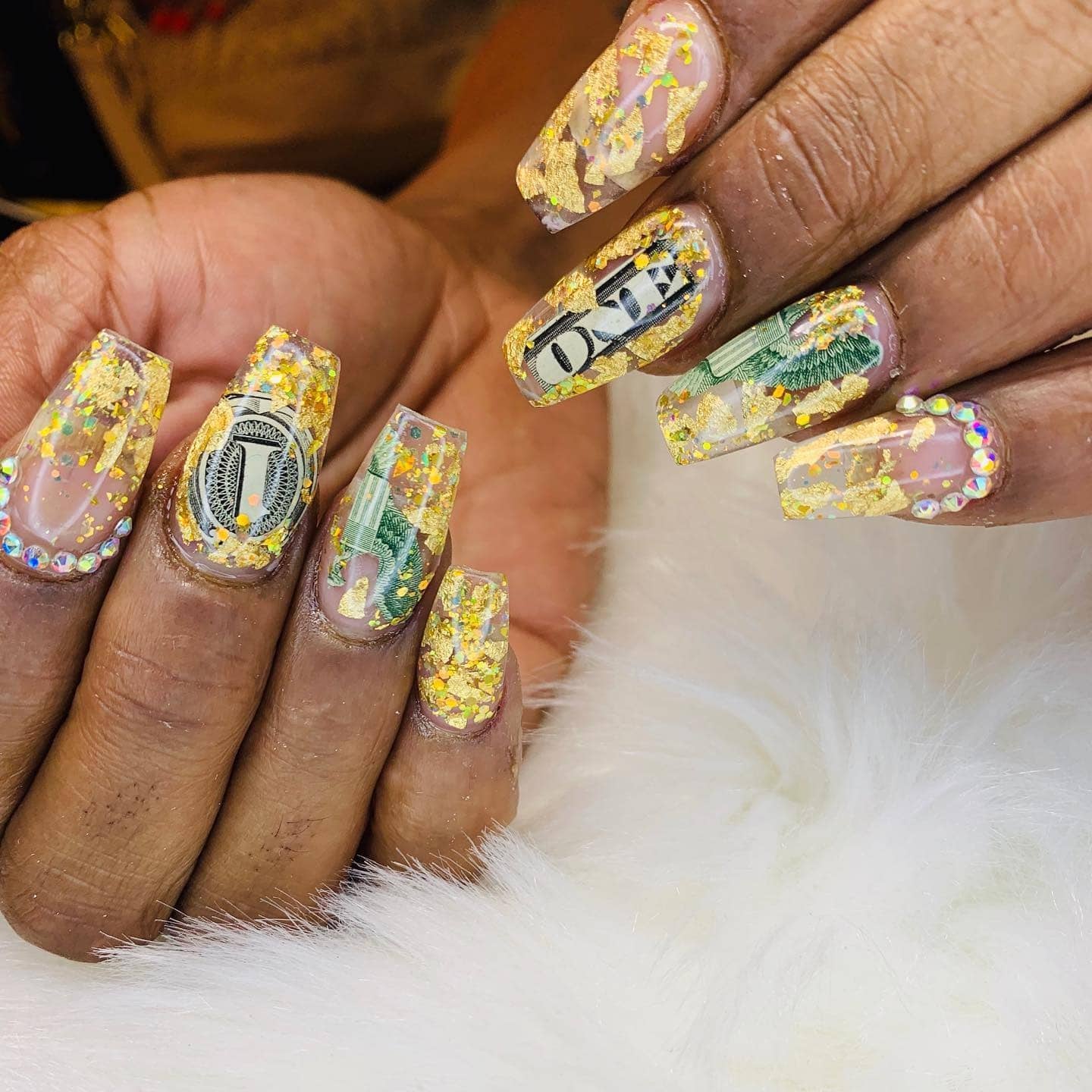 14. Gold Foil Coffin Money Nails with Rhinestone Cuticle Accents - money nail ideas