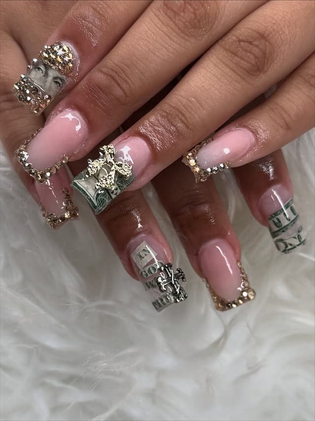 16. Pink Coffin Money Nails with Rhinestone Frames and Dollar Accent - money nail ideas