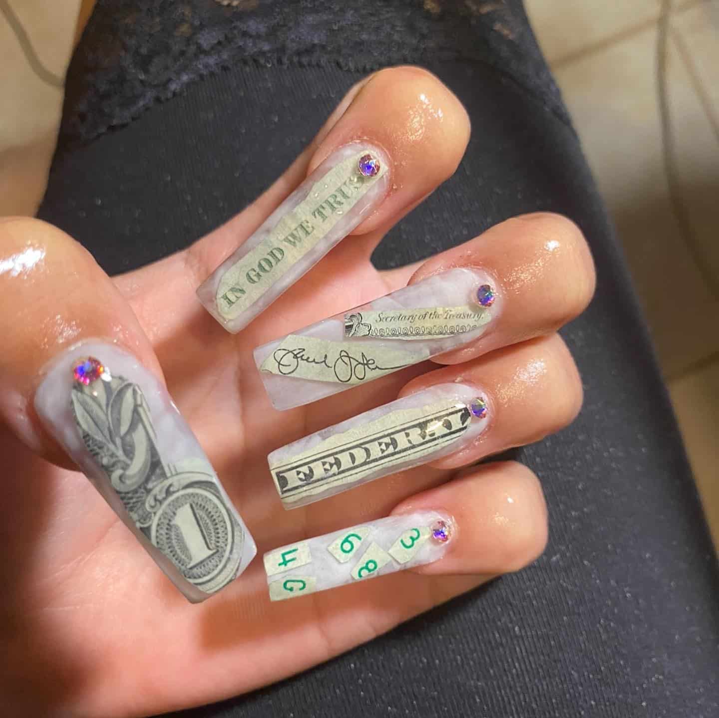 17. Matte Milky Square Money Nails with Minimal Rhinestone Detail - money nail ideas