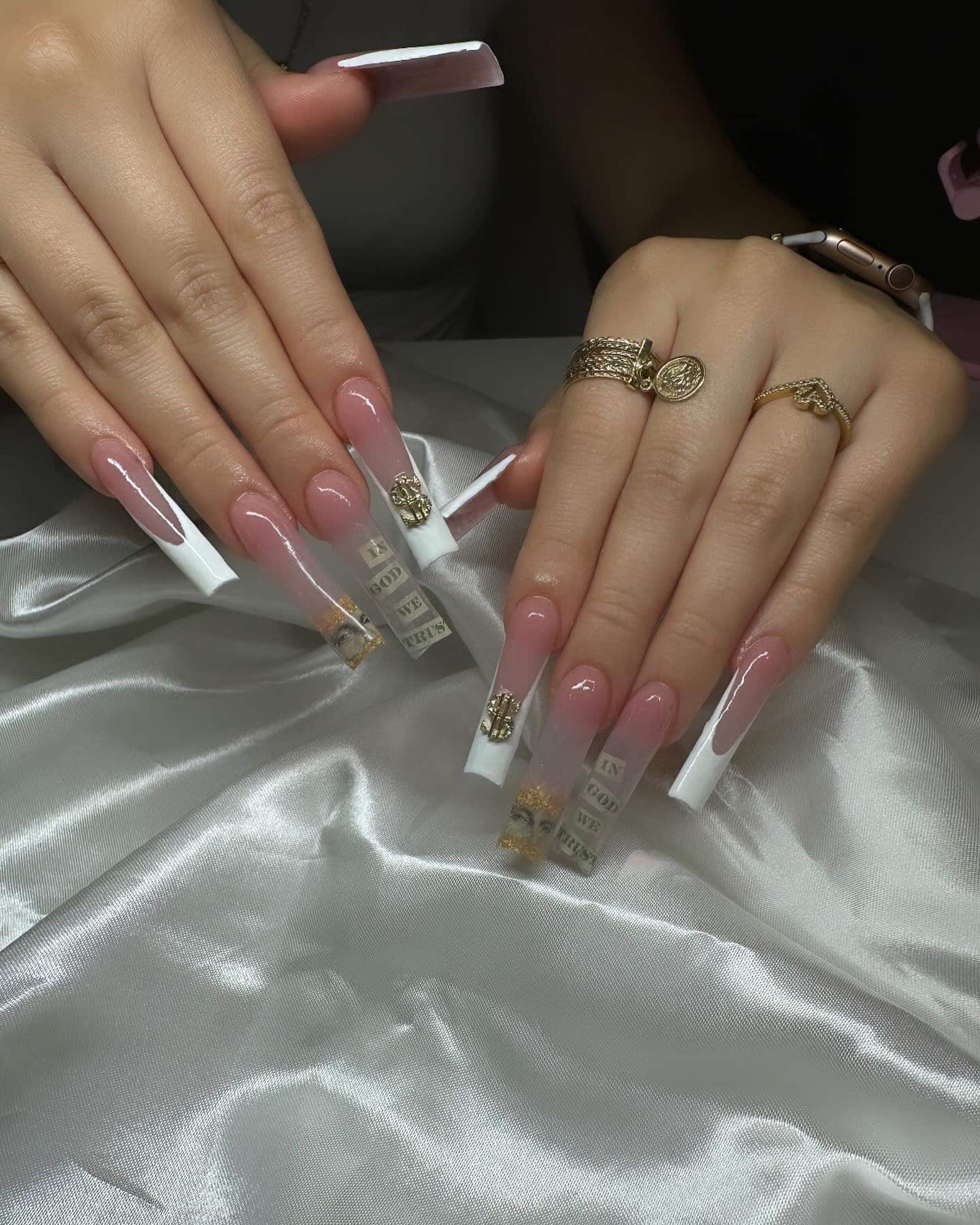 20. Pink Ombre French Tip Money Nails with Clear Currency Accents - money nail ideas