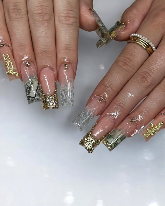 21. Nude Coffin Money Nails with Clear Tips and Gold Crystal Accents - money nail ideas