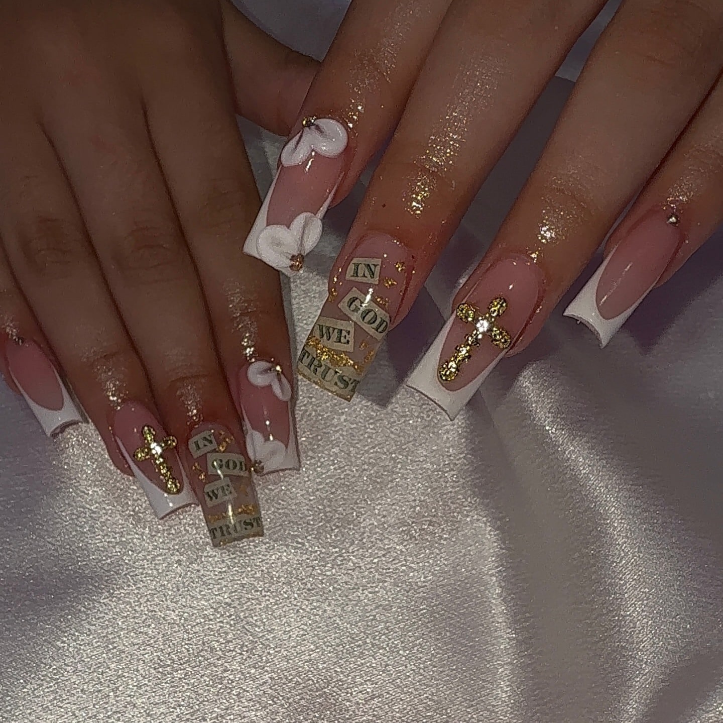 22. Pink and White Square Money Nails with Cross Charms and Dollar Details - money nail ideas