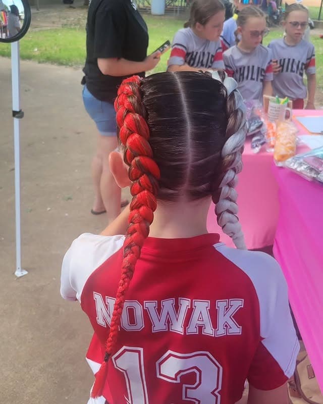 4. Split Color Softball Braids with Red and Silver Extensions - Softball Hairstyles