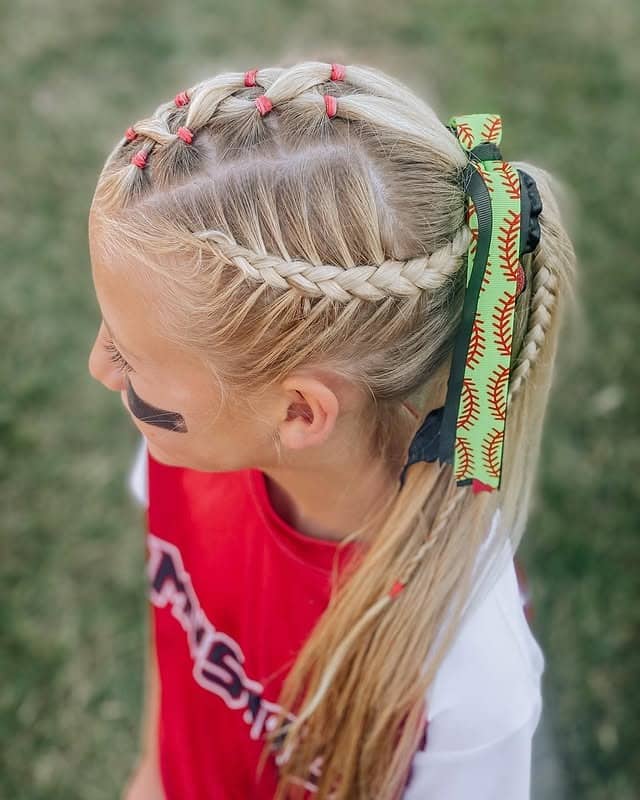 5. Softball Ponytail with Mini Braids and Elastic Ladder - Softball Hairstyles