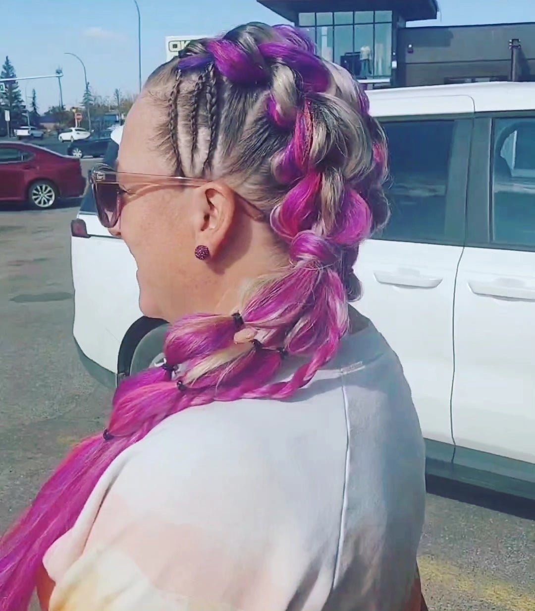 8. Pink Feed-In Braided Mohawk with Bubble Length - Softball Hairstyles