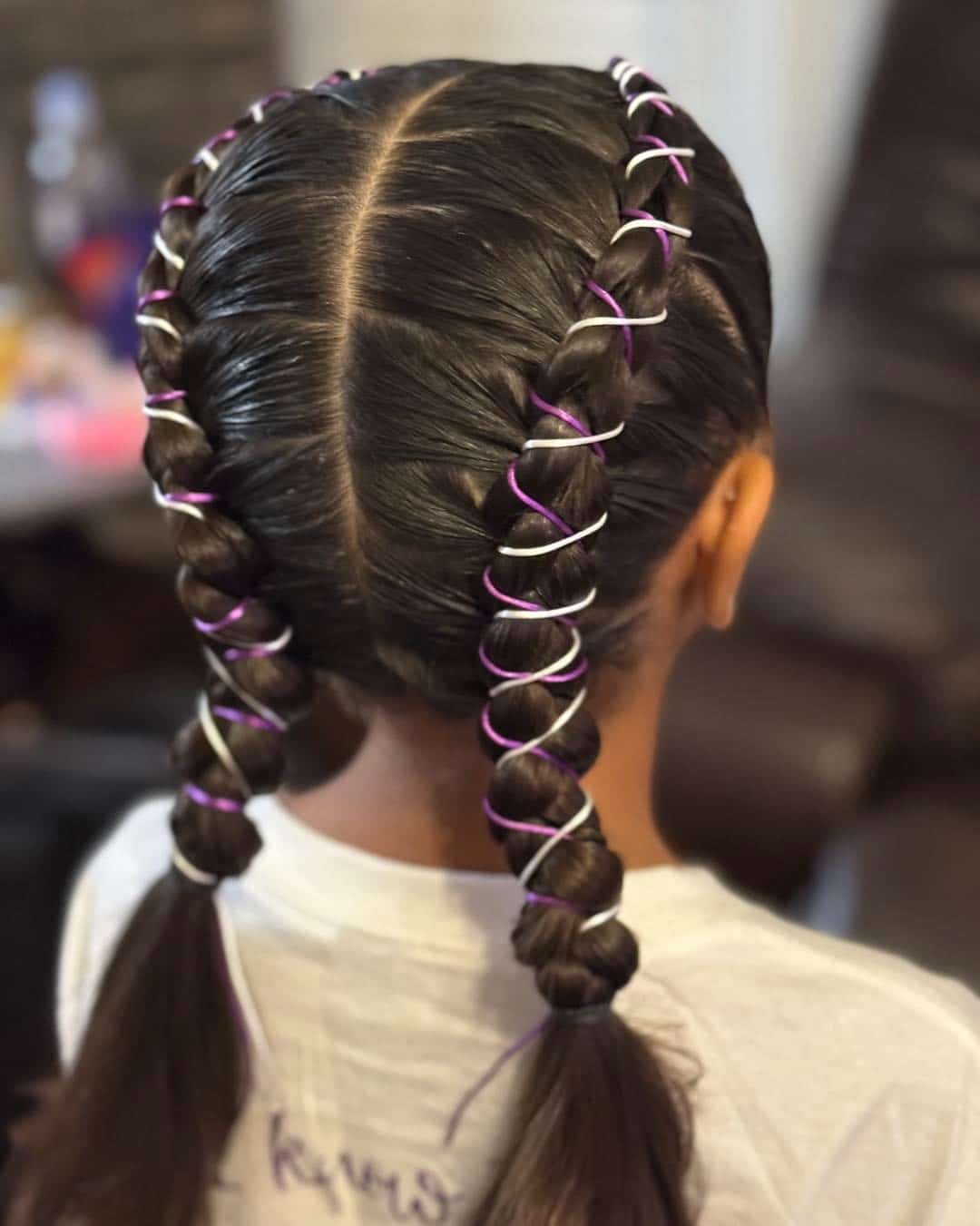 15. Elastic Wrapped Bubble Braids with Purple and White Cord - Softball Hairstyles