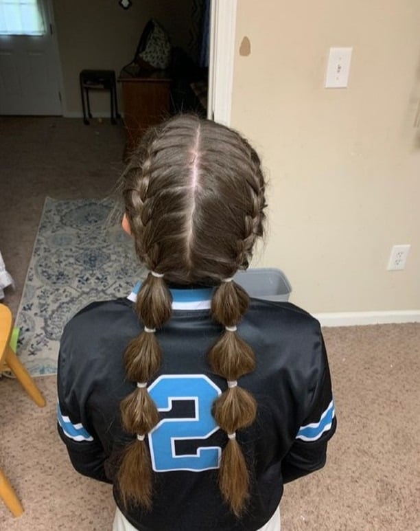 19. Dutch Braided Headband with Blue and Yellow Bubble Ponytail - Softball Hairstyles
