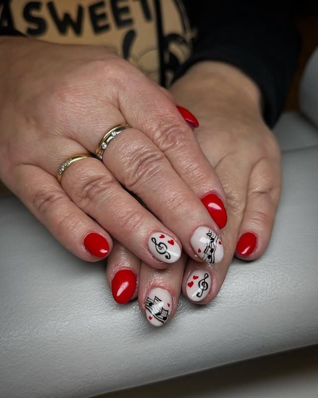 9. Red and Nude Music Note Accent Nails - music nail ideas