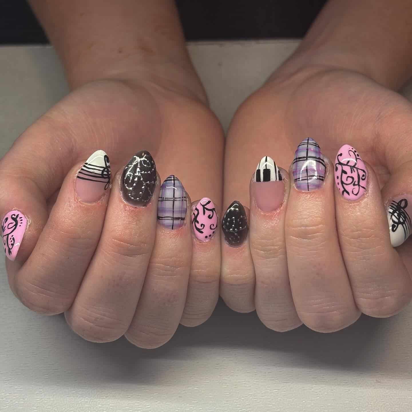 10. Pastel Plaid and Music Art Almond Nails - music nail ideas