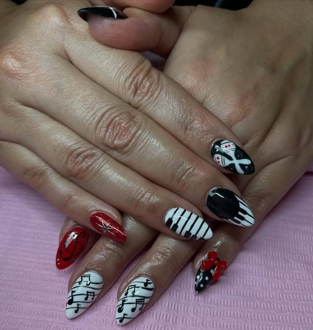 16. Red, Black, and White Piano Key Music Almond Nails - music nail ideas
