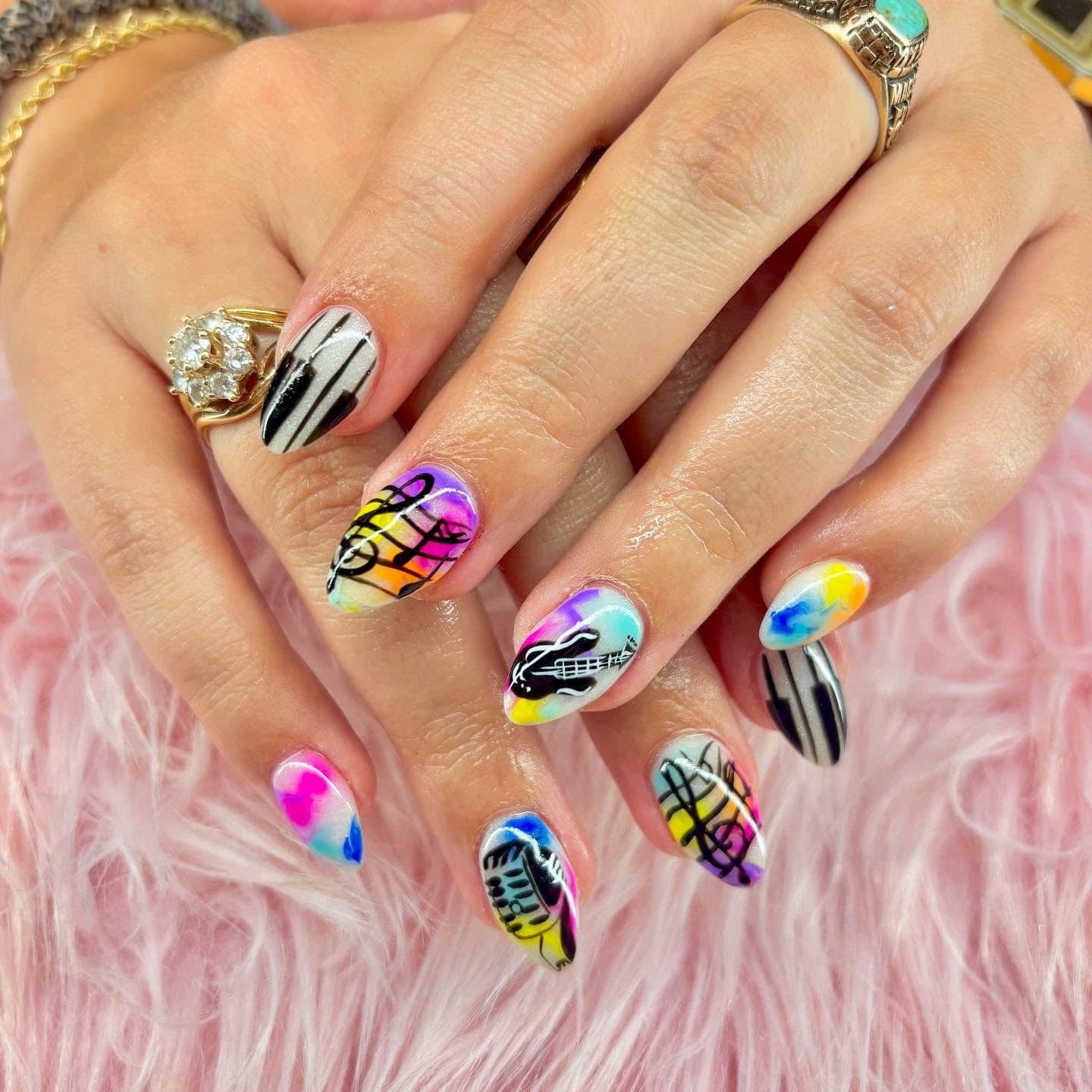 18. Rainbow Gradient Music Instrument Almond Nails - music nail ideas