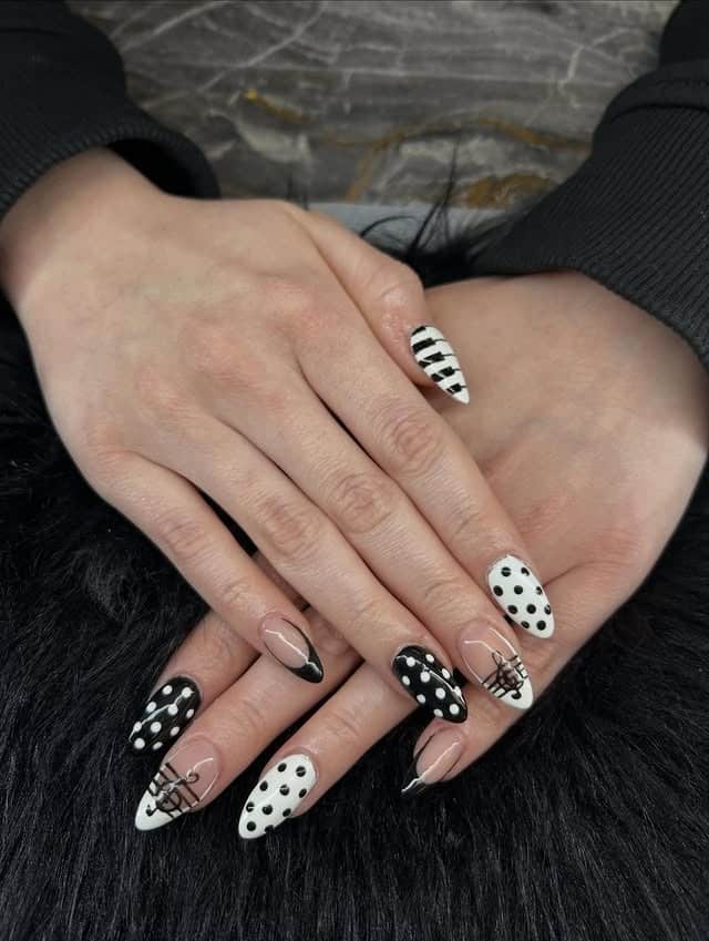 19. Black and White Polka Dot Music French Almond Nails - music nail ideas
