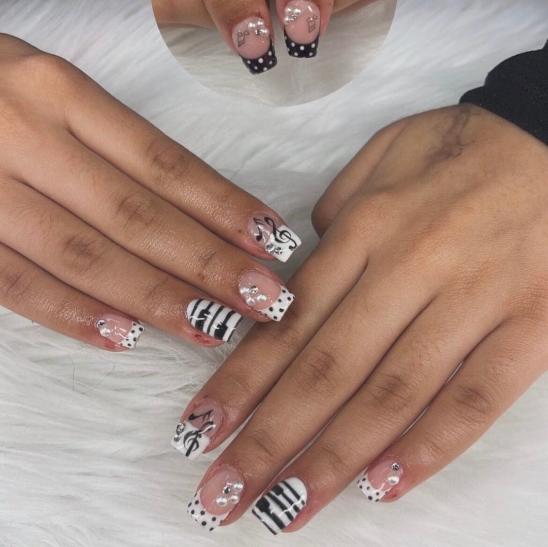 20. Black and White Piano Key Square French Nails with Pearls - music nail ideas