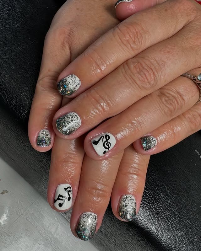 21. Silver Glitter and White Music Note Short Nails - music nail ideas