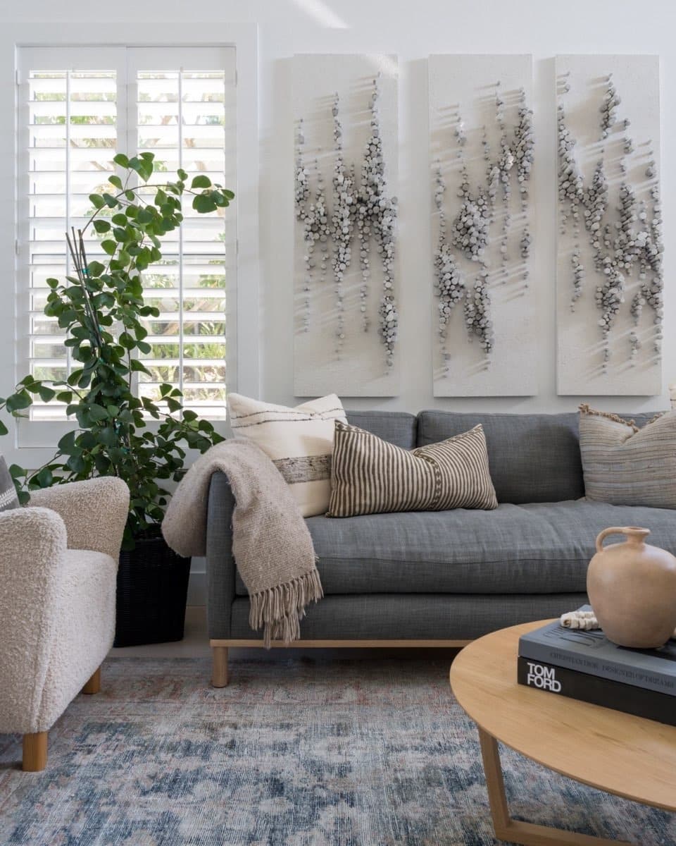 3. Neutral Gray Living Room with Organic Texture Art - earth tones living room ideas