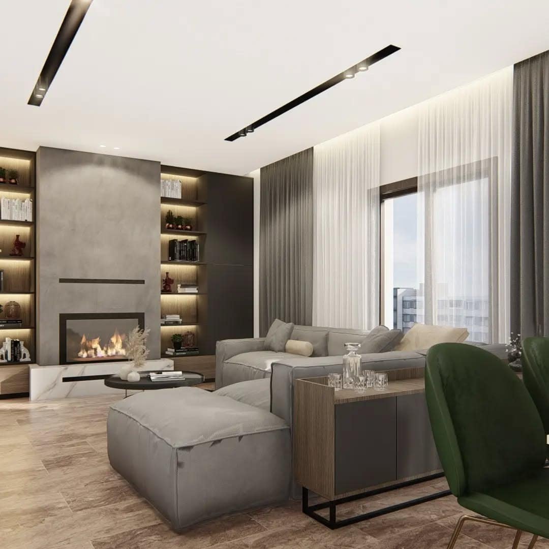 6. Contemporary Taupe Living Room with Built-In Shelving - earth tones living room ideas