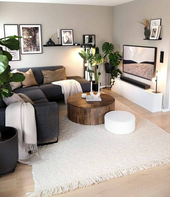 12. Gray and Sand Living Room with Natural Wood Coffee Table - earth tones living room ideas