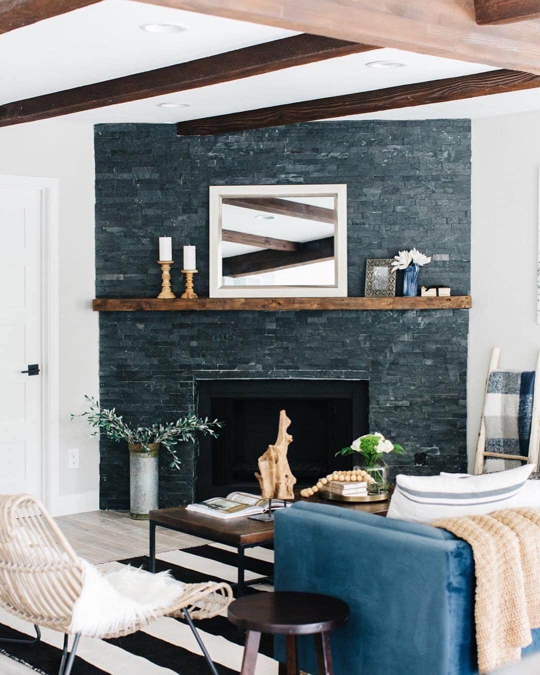 17. Dark Stone Fireplace Living Room with Rustic Wood Accents - earth tones living room ideas