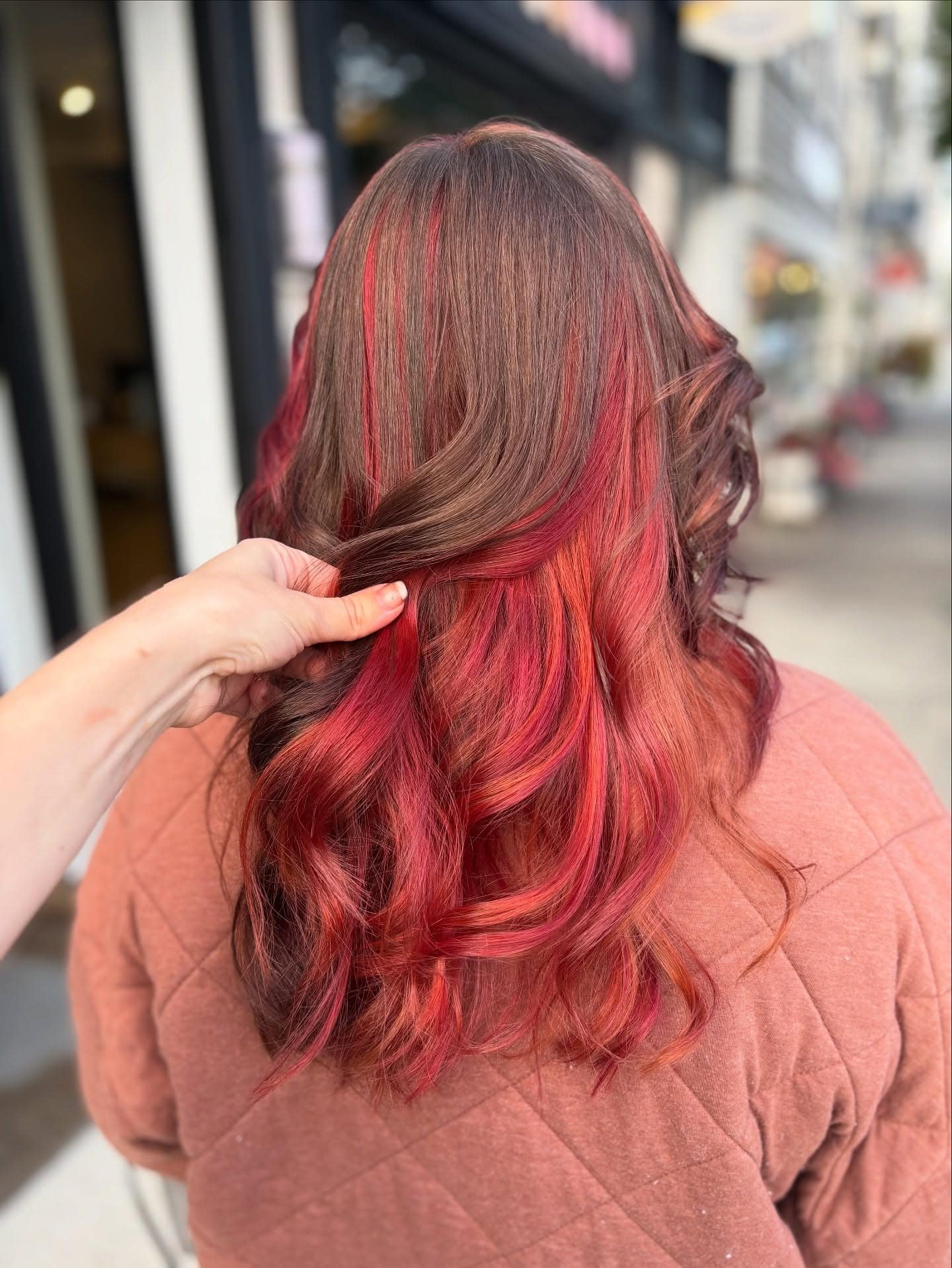 17. Brunette Waves with Crimson Red Highlights - Autumn Hair Colors
