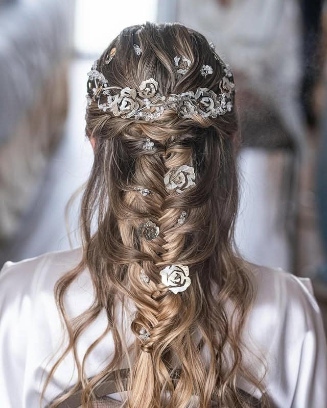 14. Ash Blonde Braided Crown with Floral Accents - Elegant Hairstyles