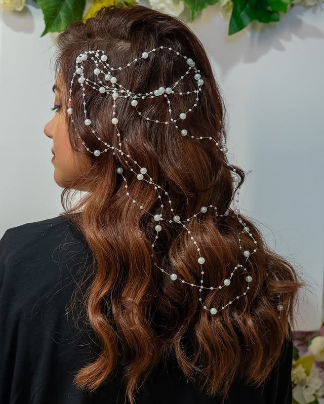 15. Auburn Copper Loose Waves with Pearl Hair Chain - Elegant Hairstyles