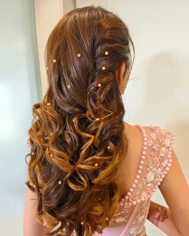 16. Caramel Brown Half-Up Waves with Pearl Pins - Elegant Hairstyles