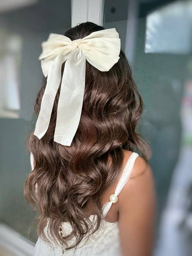 18. Cocoa Brown Half-Up Waves with Ribbon Bow - Elegant Hairstyles