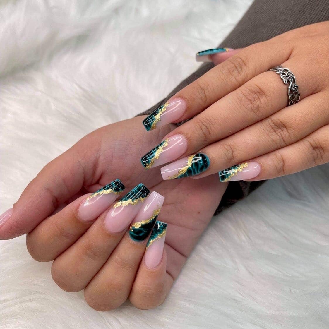 1. Emerald Marble Gold Foil Coffin Nails - nail ideas for vacation