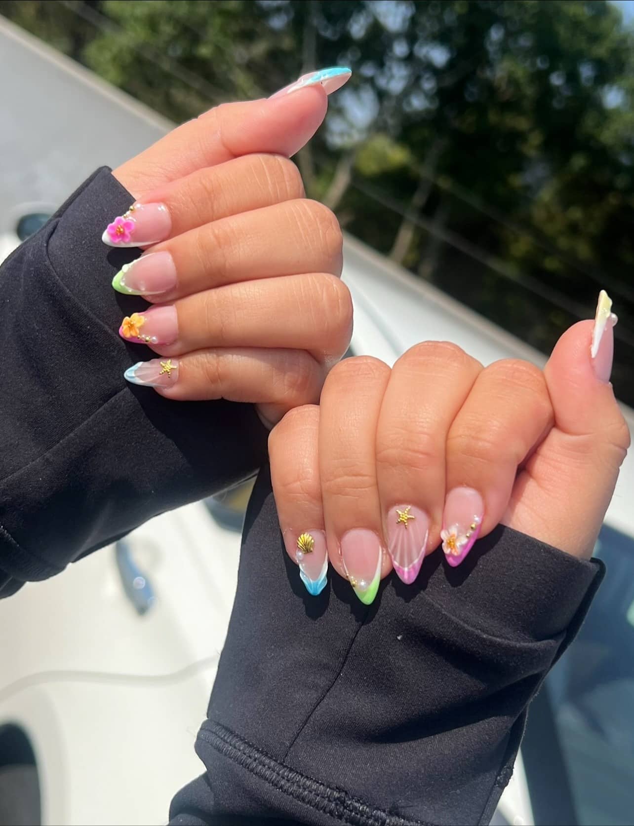 3. Pastel Tropical French Tip Almond Nails - nail ideas for vacation