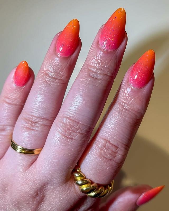 4. Sunset Ombre Glitter Almond Nails - nail ideas for vacation