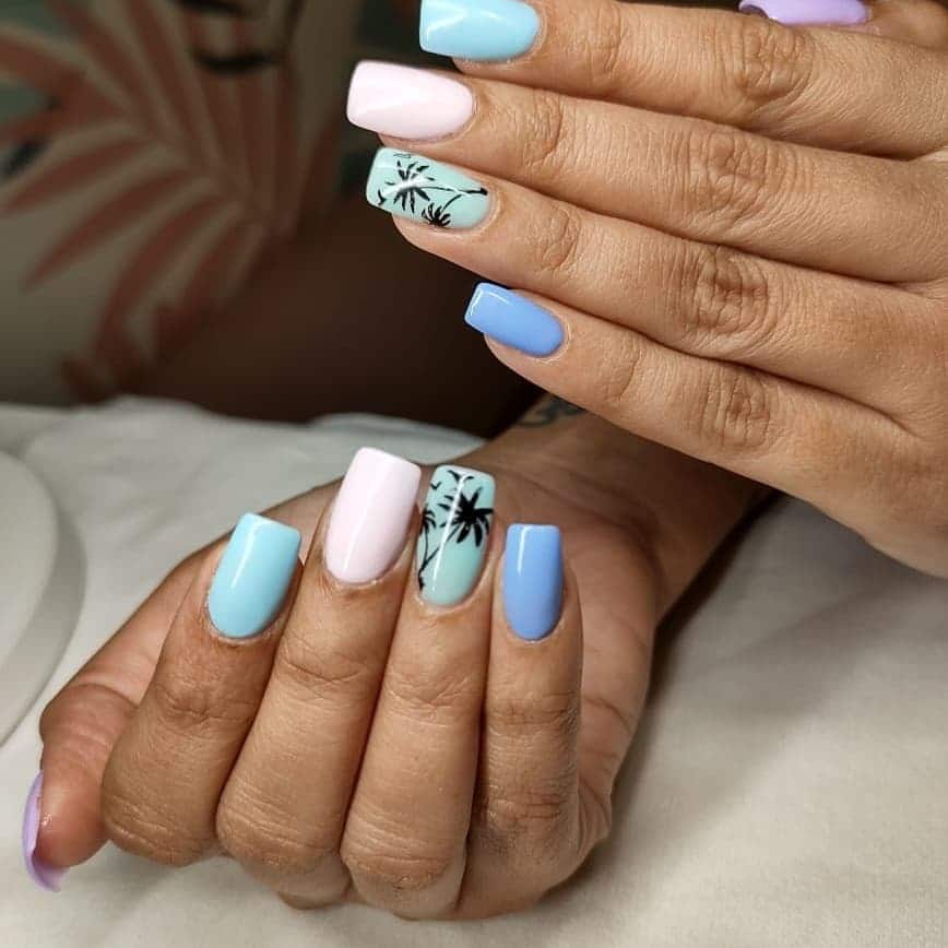 8. Pastel Blue and Lavender Palm Nail Art - nail ideas for vacation