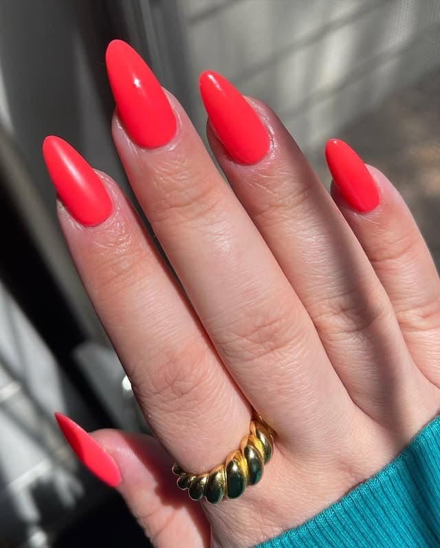 12. Neon Coral Almond Nails - nail ideas for vacation
