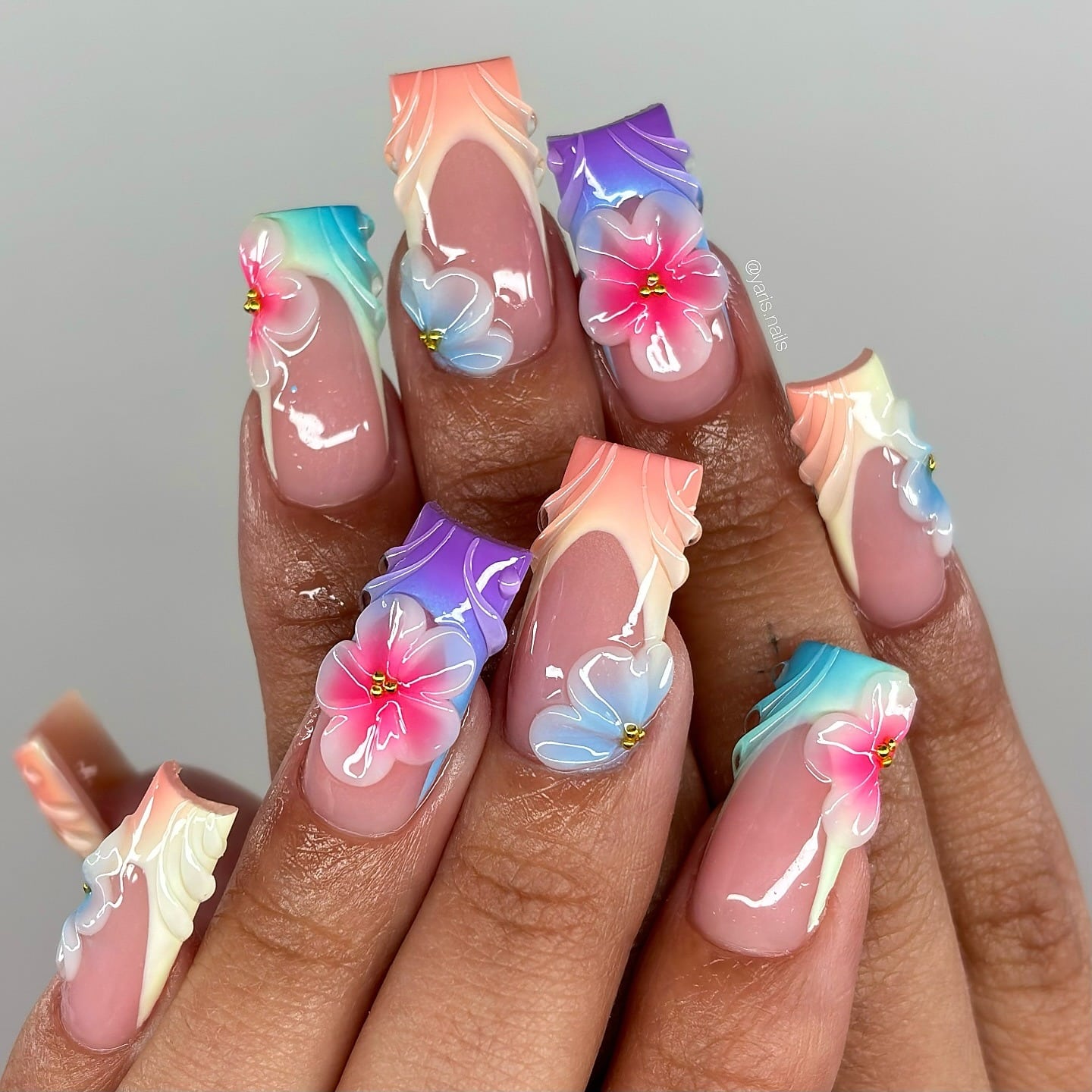 13. Pastel Tropical Hibiscus 3D Acrylic Nails - nail ideas for vacation