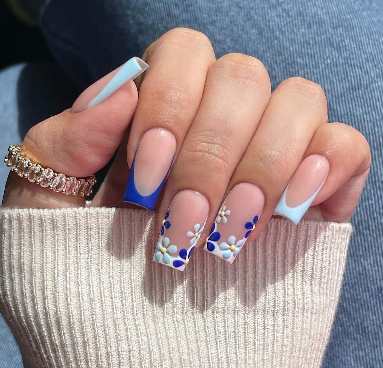 17. Blue French Tip Floral Square Nails - nail ideas for vacation