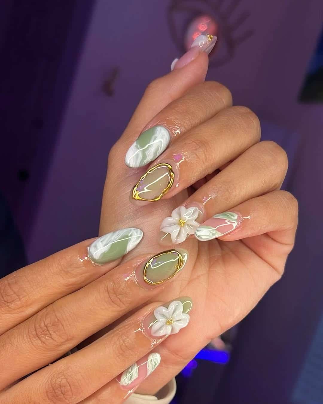 18. Sage Marble Gold Frame Almond Nails - nail ideas for vacation