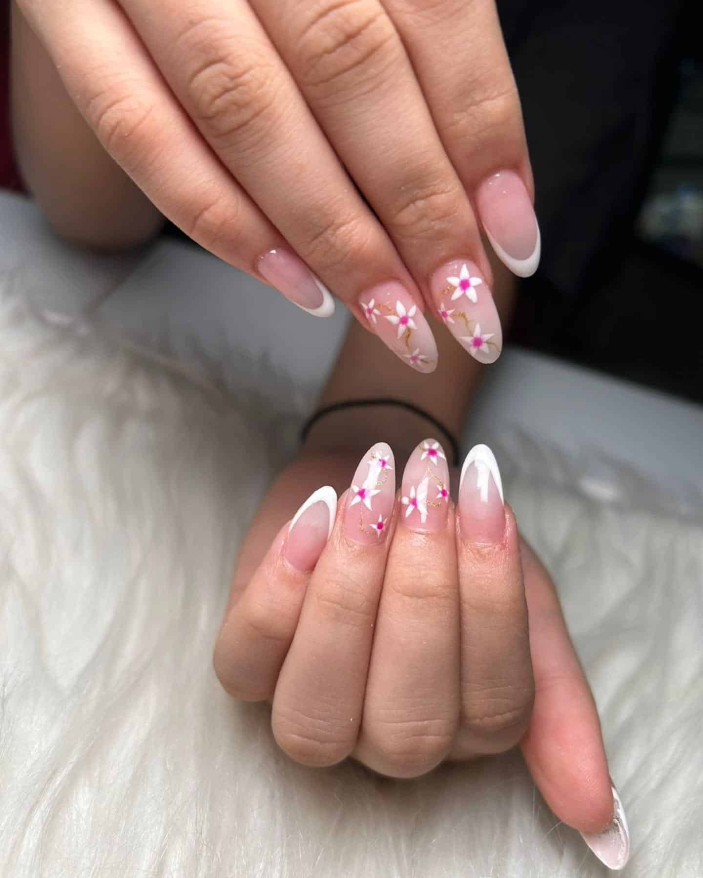 21. White French Tip Pink Daisy Almond Nails - nail ideas for vacation