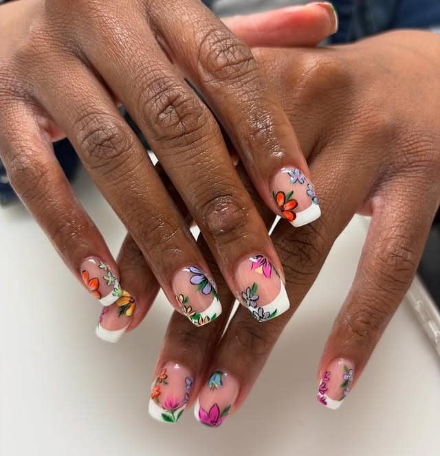 22. Colorful Garden Floral French Tip Square Nails - nail ideas for vacation