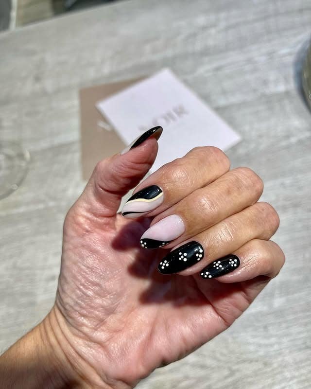 1. Black Almond Nails with White Dots and Abstract Line Art - nail ideas with lines and dots