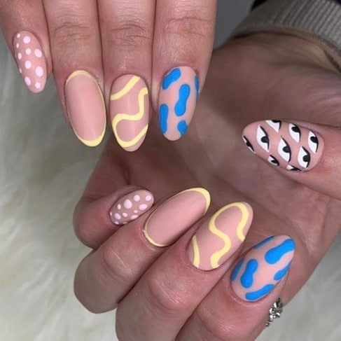 2. Pastel Almond Nails with Yellow Lines, Blue Shapes, and Polka Dots - nail ideas with lines and dots