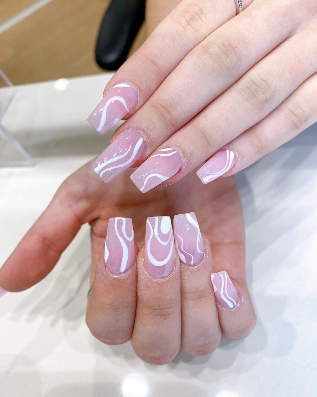 4. Soft Pink Square Nails with White Flowing Line Art - nail ideas with lines and dots