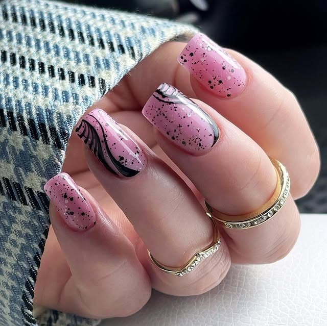 5. Pink Square Nails with Black Dots and Curved Graphic Lines - nail ideas with lines and dots