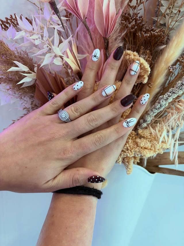 6. Burgundy and Cream Almond Nails with Grid Lines and Dot Details - nail ideas with lines and dots