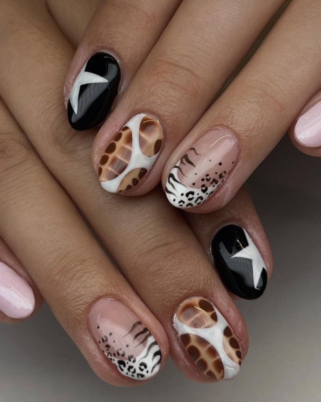 7. Neutral Almond Nails with Checkerboard, Stripes, and Dot Line Art - nail ideas with lines and dots